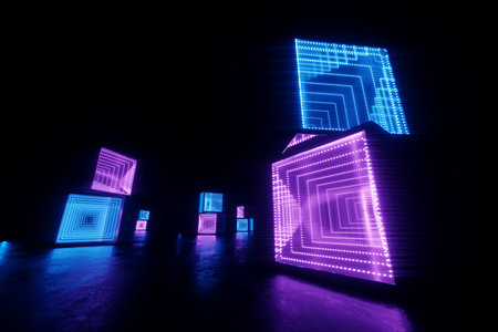 Abstract neon background blue purple neon. Modern design, trend interior, ultraviolet light, nightclub, luminous panels, stage decorations, corridor, tunnel. 3d render 3d illustration copy spaceの写真素材