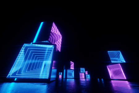 Abstract neon background blue purple neon. Modern design, trend interior, ultraviolet light, nightclub, luminous panels, stage decorations, corridor, tunnel. 3d render 3d illustration copy spaceの写真素材
