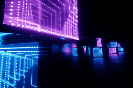 Abstract neon background blue purple neon. Modern design, trend interior, ultraviolet light, nightclub, luminous panels, stage decorations, corridor, tunnel. 3d render 3d illustration copy spaceの写真素材