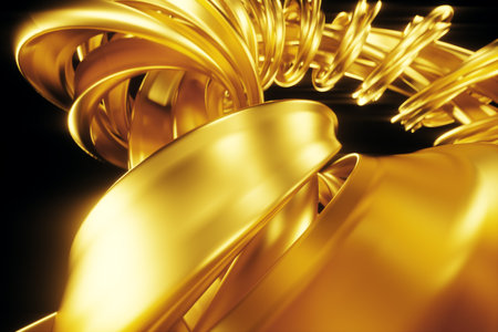 Dark gold background, abstract figure, luxurious golden shapes, on a black background. Gold waves, metal lines, elegant background, Geometric design. 3D render, 3D illustrationの写真素材