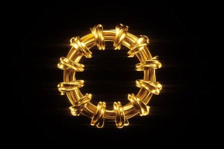 Dark gold background, abstract figure, luxurious golden shapes, on a black background. Gold waves, metal lines, elegant background, Geometric design. 3D render, 3D illustrationの写真素材
