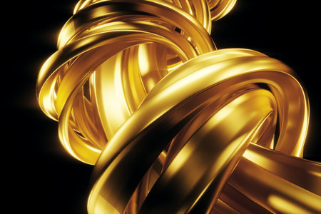 Dark gold background, abstract figure, luxurious golden shapes, on a black background. Gold waves, metal lines, elegant background, Geometric design. 3D render, 3D illustrationの写真素材