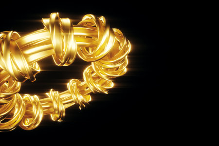 Dark gold background, abstract figure, luxurious golden shapes, on a black background. Gold waves, metal lines, elegant background, Geometric design. 3D render, 3D illustration.の写真素材