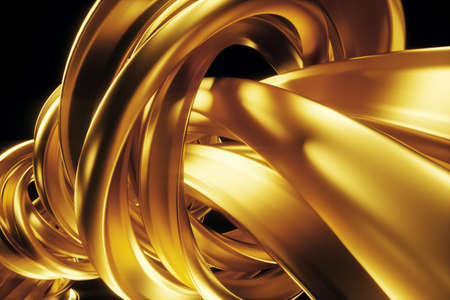Dark gold background, abstract figure, luxurious golden shapes, on a black background. Gold waves, metal lines, elegant background, Geometric design. 3D render, 3D illustrationの写真素材