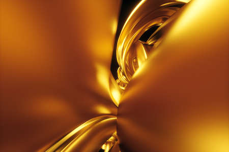 Dark gold background, abstract figure, luxurious golden shapes, on a black background. Gold waves, metal lines, elegant background, Geometric design. 3D render, 3D illustration.の写真素材