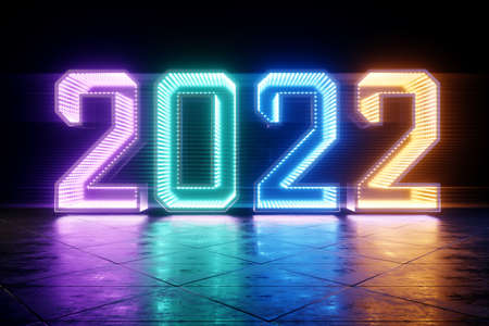 Happy New Years, neon numbers 2022 shine brightly. Festive ultraviolet background, merry christmas. Winter holiday, template, greeting card. 3D render, 3D illustrationの写真素材