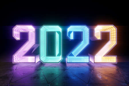 Happy New Years, neon numbers 2022 shine brightly. Festive ultraviolet background, merry christmas. Winter holiday, template, greeting card. 3D render, 3D illustrationの写真素材
