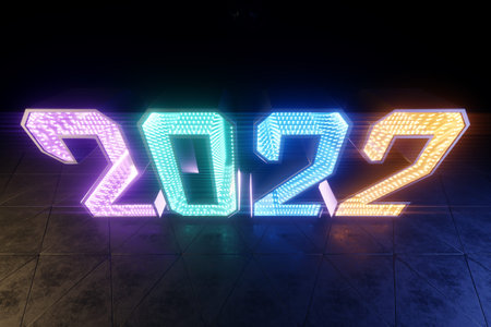 Happy New Years, neon numbers 2022 shine brightly. Festive ultraviolet background. Winter holiday,...