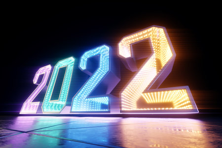 Happy New Years, neon numbers 2022 shine brightly. Festive ultraviolet background, merry christmas....