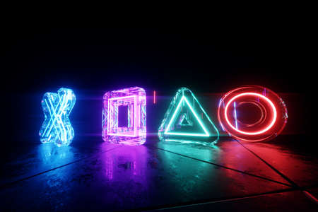 Bright neon background with gaming buttons, triangle circle square cross. Gaming modern design. Concept for online games, e-sports, computer games, entertainment. 3D render, 3D illustrationの写真素材