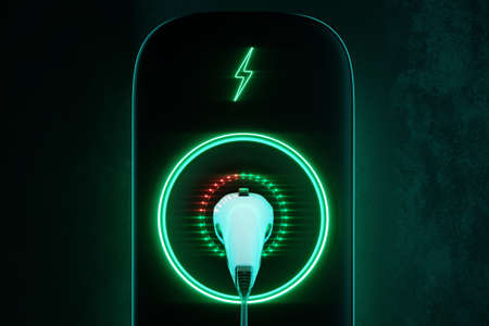 Charging station for an electric car on a dark background. Power plant, green technology, future, copy space. 3D rendering, 3D illustration.の写真素材