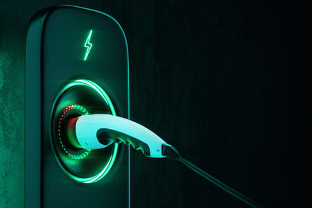Charging station for an electric car on a dark background. Power station, neon, green technology, future, copy space. 3D rendering, 3D illustration.の写真素材