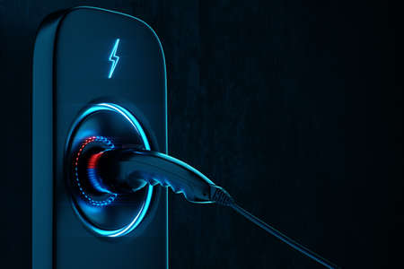 Charging station for an electric car on a dark background. Power station, neon, green technology, future, copy space. 3D rendering, 3D illustration.の写真素材