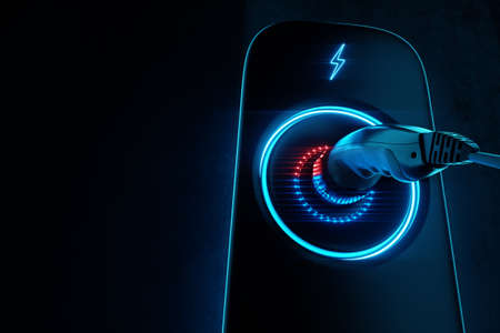 Charging station for an electric car on a dark background. Power station, neon, green technology, future, copy space. 3D rendering, 3D illustration.の写真素材