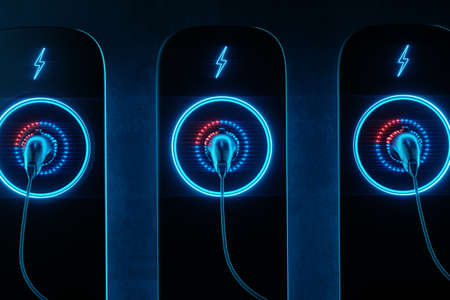 Charging station for an electric car on a dark background. Power plant, green technology, future, copy space. 3D rendering, 3D illustration.の写真素材