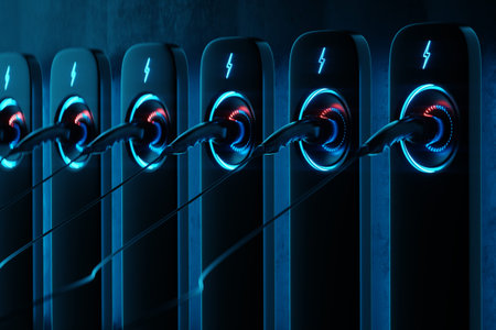 Charging station for an electric car on a dark background. Power station, neon, green technology,...