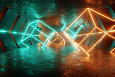 Futuristic interior, green yellow neon abstract background, ultraviolet light, Sci fi scenery,...