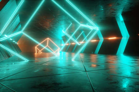 Futuristic interior, green yellow neon abstract background, ultraviolet light, Sci fi scenery, tunnel or corridor in a nightclub. 3D rendering, 3D illustrationの写真素材