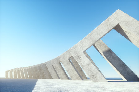Modern, abstract concrete background, elegant architecture, minimalism, concrete structures, arch tunnel, magazine background, wallpaper. 3D render 3D illustration Copy spaceの写真素材