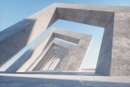 Modern, abstract concrete background, elegant architecture, minimalism, concrete structures, arch tunnel, magazine background, wallpaper. 3D render 3D illustration Copy spaceの写真素材