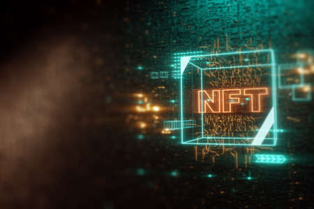 NFT digital art, Non-Fungible Token, blockchain technology. Cryptographic data block, collecting, unique pieces. Non-fungible cryptographic token. 3D render, 3D illustration. Copy spaceの写真素材