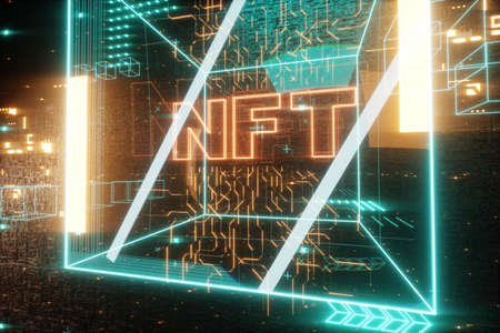 NFT digital art, Non-Fungible Token, blockchain technology. Cryptographic data block, collecting, unique pieces. Non-fungible cryptographic token. 3D render, 3D illustration. Copy spaceの写真素材