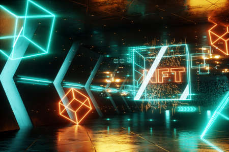 NFT digital art, Non-Fungible Token, blockchain technology. Cryptographic data block, collecting, unique pieces. Non-fungible cryptographic token. 3D render, 3D illustration. Copy spaceの写真素材