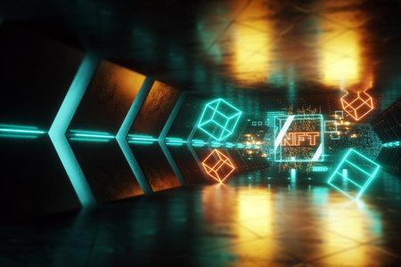 NFT digital art, Non-Fungible Token, blockchain technology. Cryptographic data block, collecting, unique pieces. Non-fungible cryptographic token. 3D render, 3D illustration. Copy spaceの写真素材