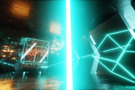 NFT digital art, Non-Fungible Token, blockchain technology. Cryptographic data block, collecting, unique pieces. Non-fungible cryptographic token. 3D render, 3D illustration. Copy spaceの写真素材