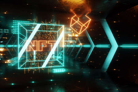NFT digital art, Non-Fungible Token, blockchain technology. Cryptographic data block, collecting, unique pieces. Non-fungible cryptographic token. 3D render, 3D illustration. Copy spaceの写真素材