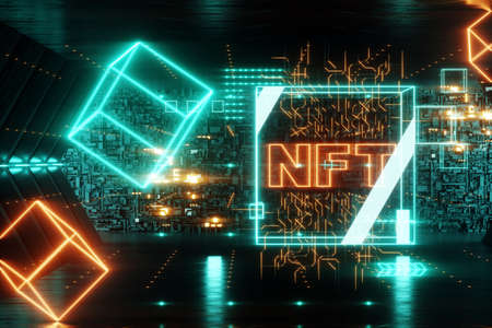 NFT digital art, Non-Fungible Token, blockchain technology. Cryptographic data block, collecting, unique pieces. Non-fungible cryptographic token. 3D render, 3D illustration. Copy spaceの写真素材