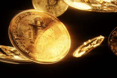 Gold bitcoin coins isolated on black background, isolate. Blockchain technology, Block of cryptographic data, money of the future. 3D render, 3D illustration. Copy spaceの写真素材