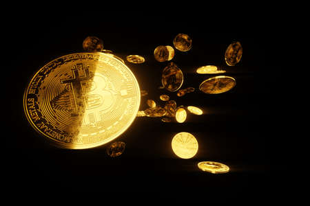 Gold bitcoin coins isolated on black background, isolate. Blockchain technology, Block of cryptographic data, money of the future. 3D render, 3D illustration. Copy spaceの写真素材