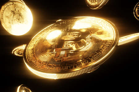 Gold bitcoin coins isolated on black background, isolate. Blockchain technology, Block of cryptographic data, money of the future. 3D render, 3D illustration. Copy spaceの写真素材