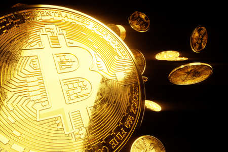 Gold bitcoin coins isolated on black background, isolate. Blockchain technology, Block of cryptographic data, money of the future. 3D render, 3D illustration. Copy spaceの写真素材
