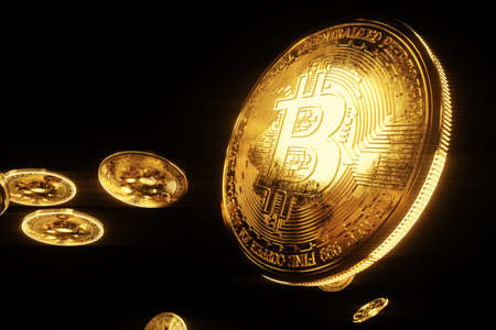 Gold bitcoin coins isolated on black background, isolate. Blockchain technology, Block of cryptographic data, money of the future. 3D render, 3D illustration. Copy spaceの写真素材