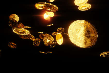 Gold bitcoin coins isolated on black background, isolate. Blockchain technology, Block of cryptographic data, money of the future. 3D render, 3D illustration. Copy spaceの写真素材