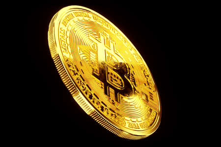 Gold bitcoin coins isolated on black background, isolate. Blockchain technology, Block of cryptographic data, money of the future. 3D render, 3D illustration. Copy spaceの写真素材