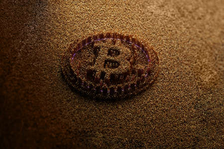 Creative bitcoin element, modern background. Blockchain technology, cryptocurrency, block of cryptographic data, electronic money, money of the future. 3D render, 3D illustration. Copy spaceの写真素材