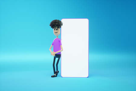 Cartoon man stands next to a large smartphone with a white screen, empty space. Copy space, mock-up for design. Copy space, 3D render, 3D illustrationの写真素材