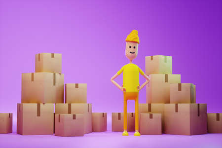 A cartoon man stands between cardboard boxes. Moving assistance, online shopping delivery, moving app, mock-up for your design. Copy space, 3D render, 3D illustrationの写真素材