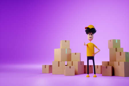 A cartoon man stands between cardboard boxes. Moving assistance, online shopping delivery, moving app, mock-up for your design. Copy space, 3D render, 3D illustrationの写真素材