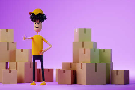 A cartoon man stands between cardboard boxes. Moving assistance, online shopping delivery, moving app, mock-up for your design. Copy space, 3D render, 3D illustrationの写真素材