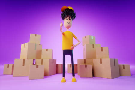A cartoon man stands between cardboard boxes. Moving assistance, online shopping delivery, moving app, mock-up for your design. Copy space, 3D render, 3D illustrationの写真素材