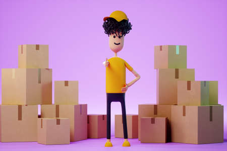 A cartoon man stands between cardboard boxes. Moving assistance, online shopping delivery, moving app, mock-up for your design. Copy space, 3D render, 3D illustrationの写真素材
