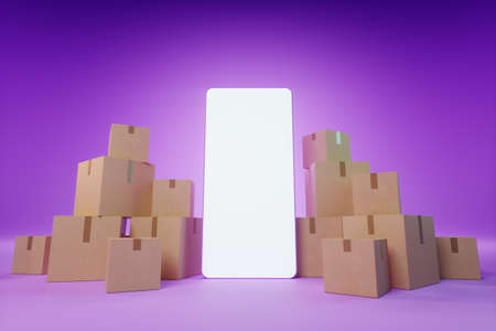 A large smartphone with a blank screen stands next to cardboard boxes. Moving assistance, online shopping delivery, moving app, mock-up for your design. 3D rendering, 3D illustrationの写真素材