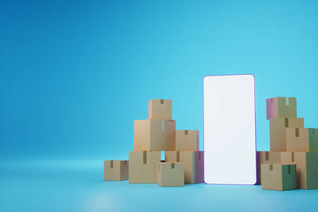 A large smartphone with a blank screen stands next to cardboard boxes. Moving assistance, online shopping delivery, moving app, mock-up for your design. 3D rendering, 3D illustrationの写真素材