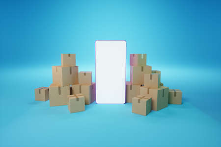 A large smartphone with a blank screen stands next to cardboard boxes. Moving assistance, online shopping delivery, moving app, mock-up for your design. 3D rendering, 3D illustrationの写真素材