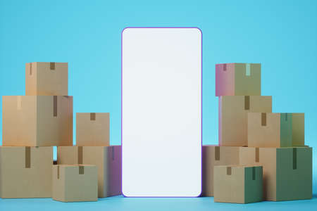 A large smartphone with a blank screen stands next to cardboard boxes. Moving assistance, online shopping delivery, moving app, mock-up for your design. 3D rendering, 3D illustrationの写真素材
