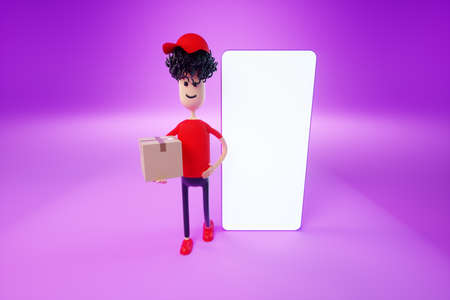 Cartoon man stands with cardboard boxes next to a smartphone with a blank screen. Moving assistance, online shopping delivery, moving app, mock-up for your design. 3D rendering, 3D illustrationの写真素材